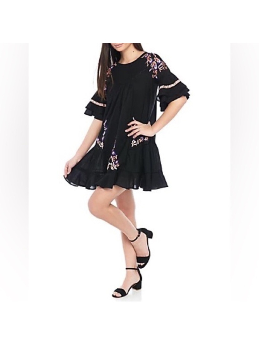 Free People Black Pavlo Embroidered Dress with Purple & Blush Floral. - Picture 2 of 5